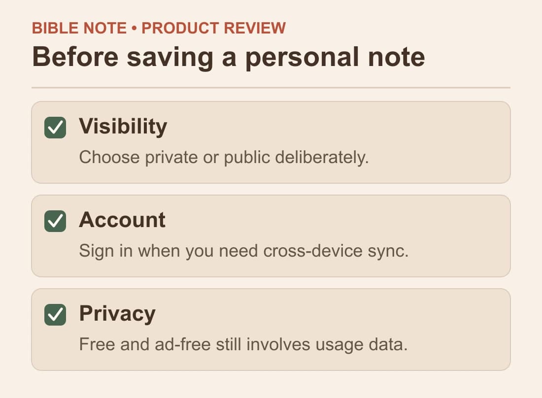 Before saving a personal note: Visibility; Account; Privacy