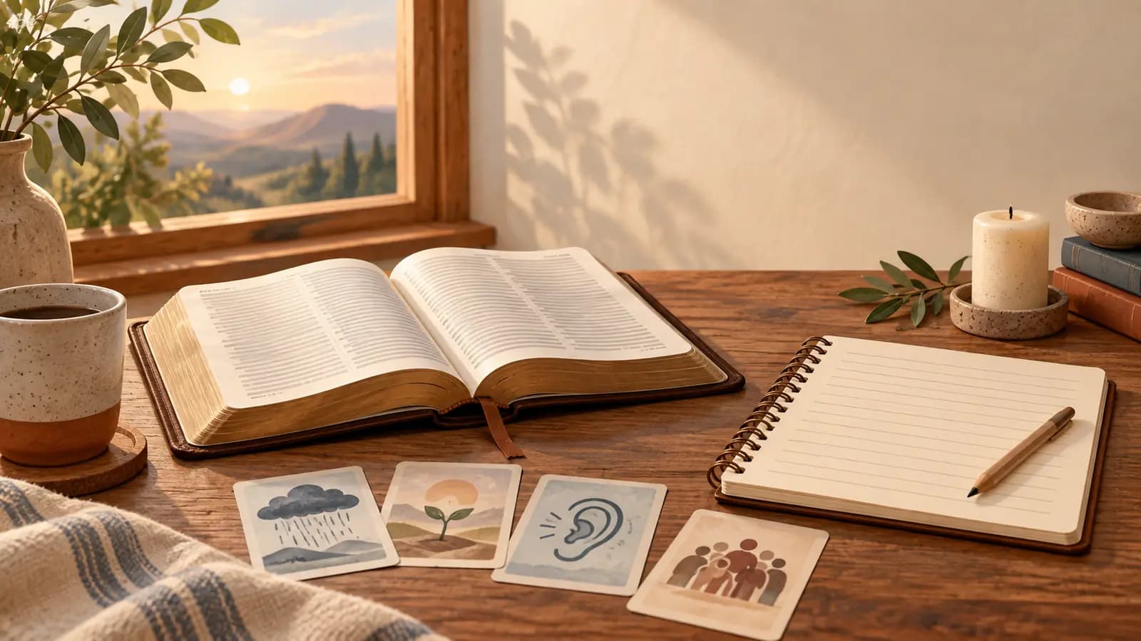 Bíblia aberta e caderno em uma mesa tranquila junto à janela, com imagens que sugerem espera, escuta e oração comunitária
