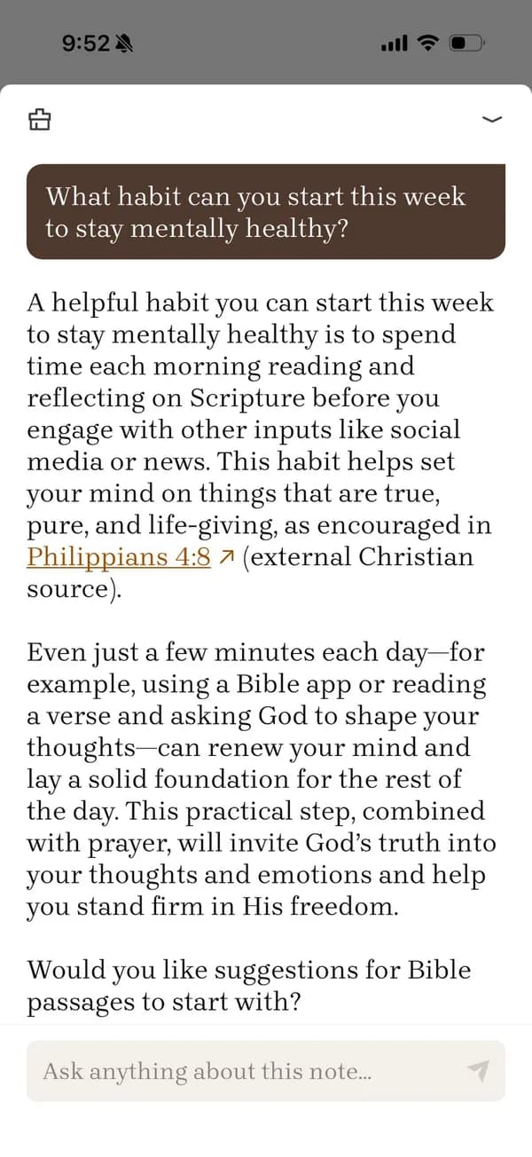 Bible chat app in Bible Note answering a question from a sermon note with a linked Philippians 4:8 Scripture reference