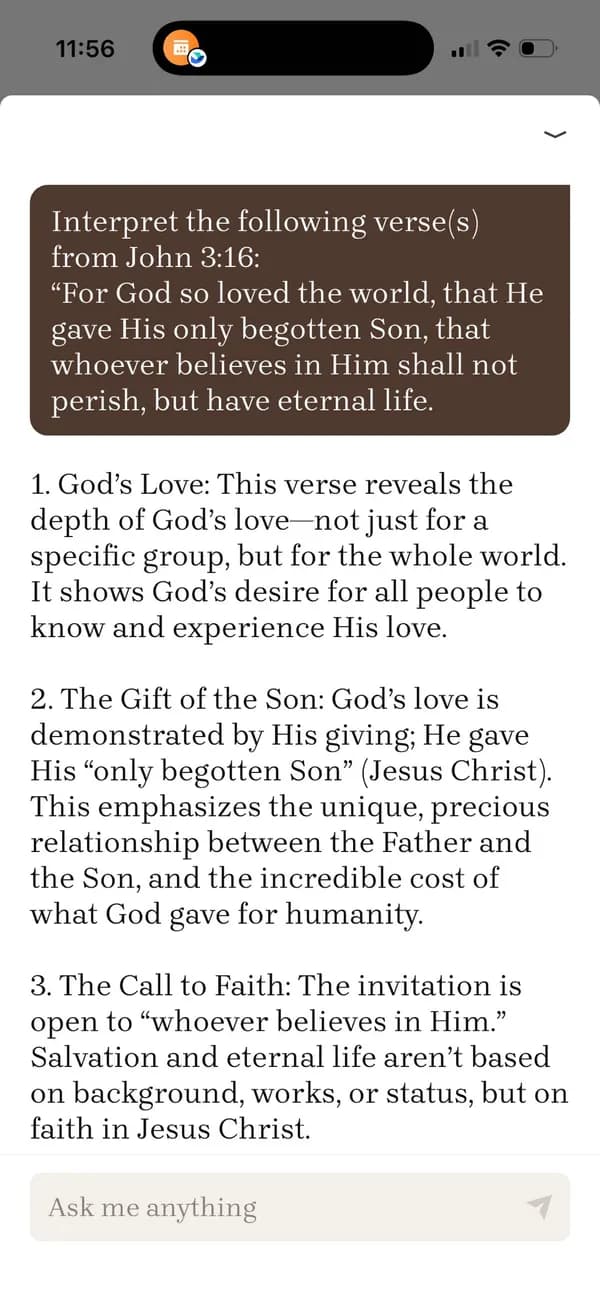 Bible AI chat in Bible Note interpreting John 3:16 with structured points on God’s love, the gift of the Son, and the call to faith