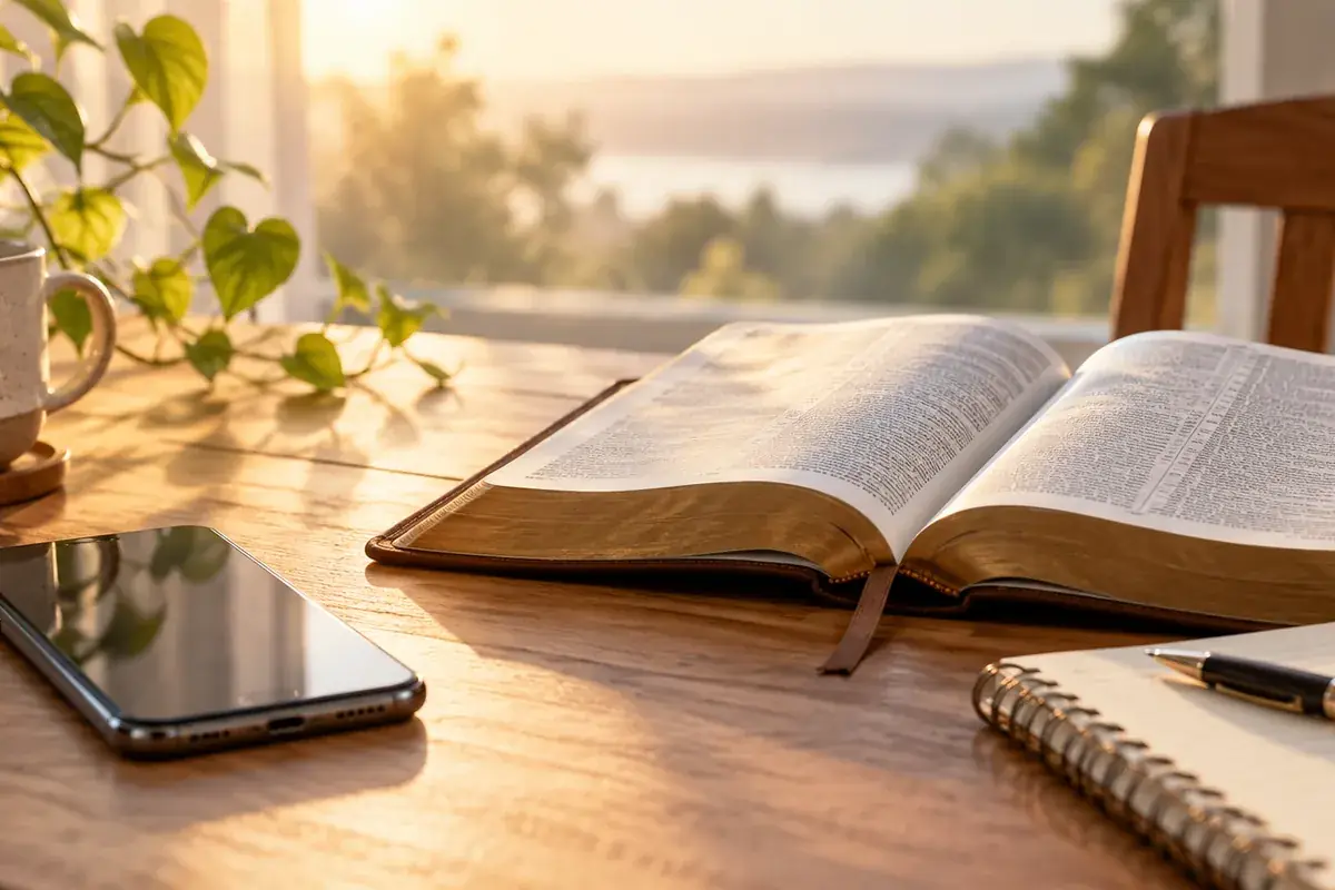 An iPhone beside an open Bible and a small notebook on a quiet reading table