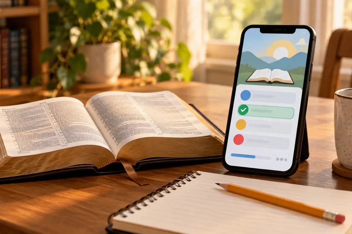 A phone showing a simple quiz beside an open Bible and a notebook with questions