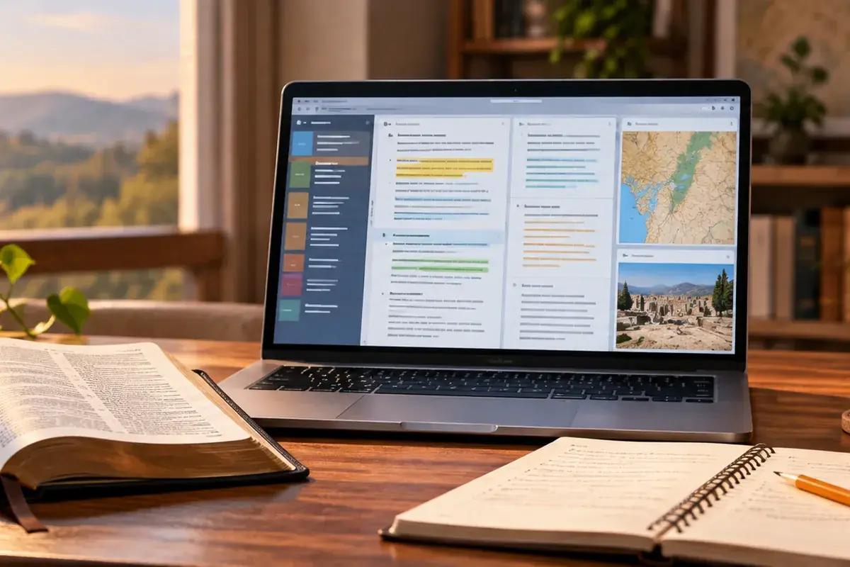 A laptop with a Bible study workspace beside printed pages, a notebook, and a pencil