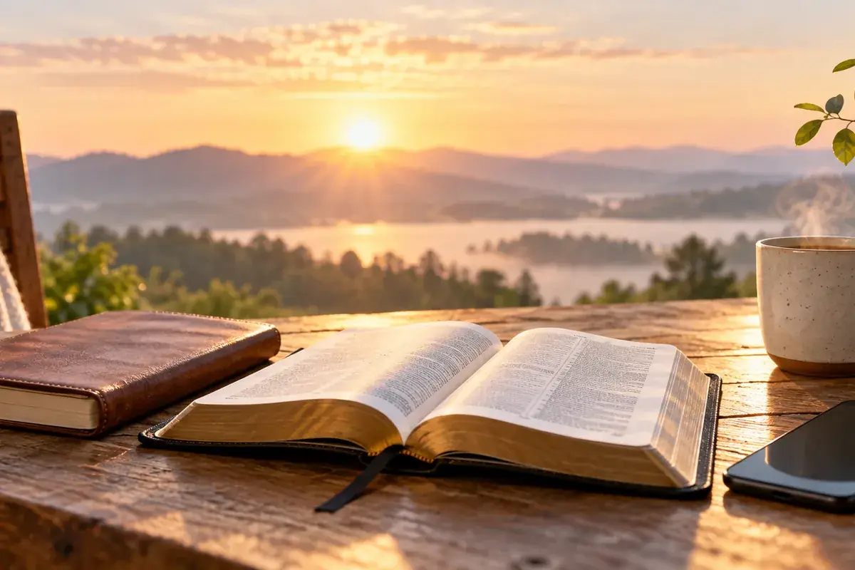 A devotional book, open Bible, and phone beside a morning cup of coffee
