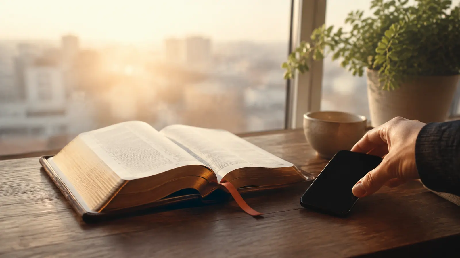 A hand resting a phone beside an open pocket Bible on a sunny windowsill