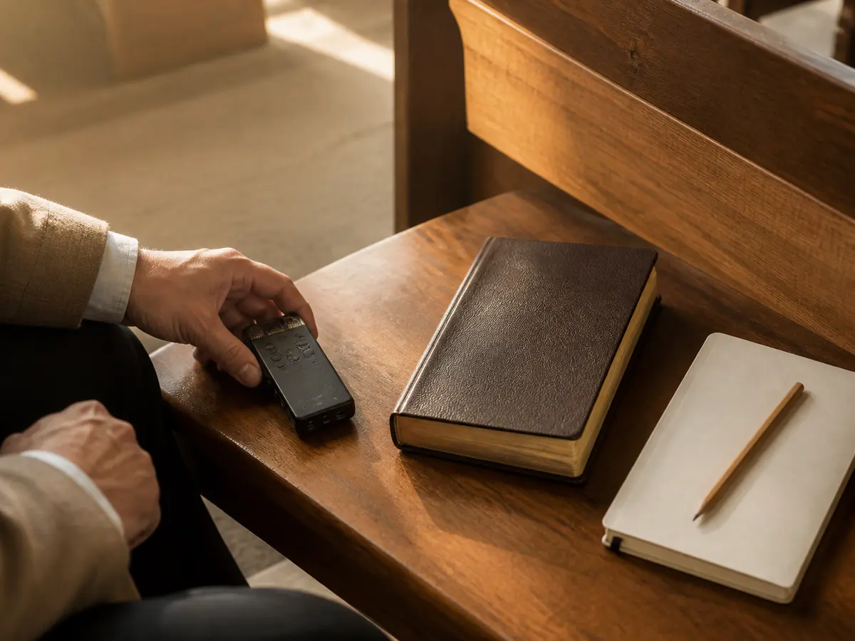 A listener setting a small audio recorder beside a closed Bible and blank notebook on a church pew