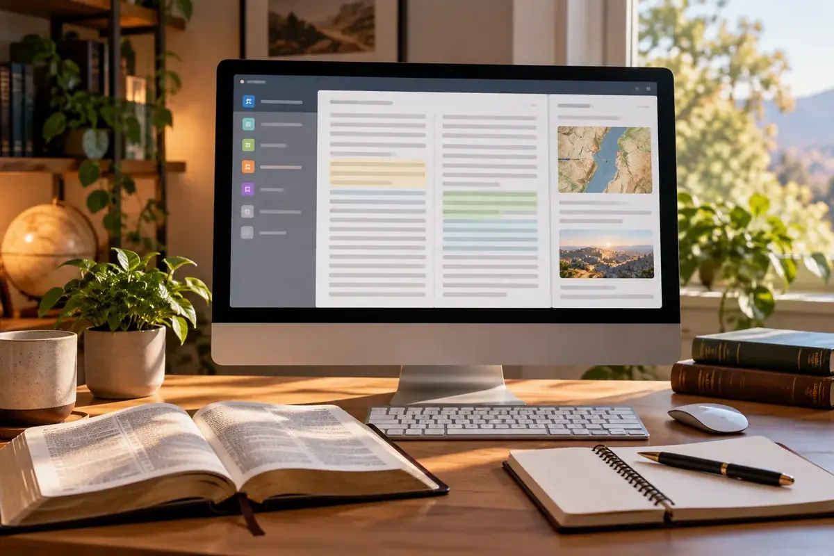 A laptop with a Bible study workspace beside printed pages, a notebook, and a pencil