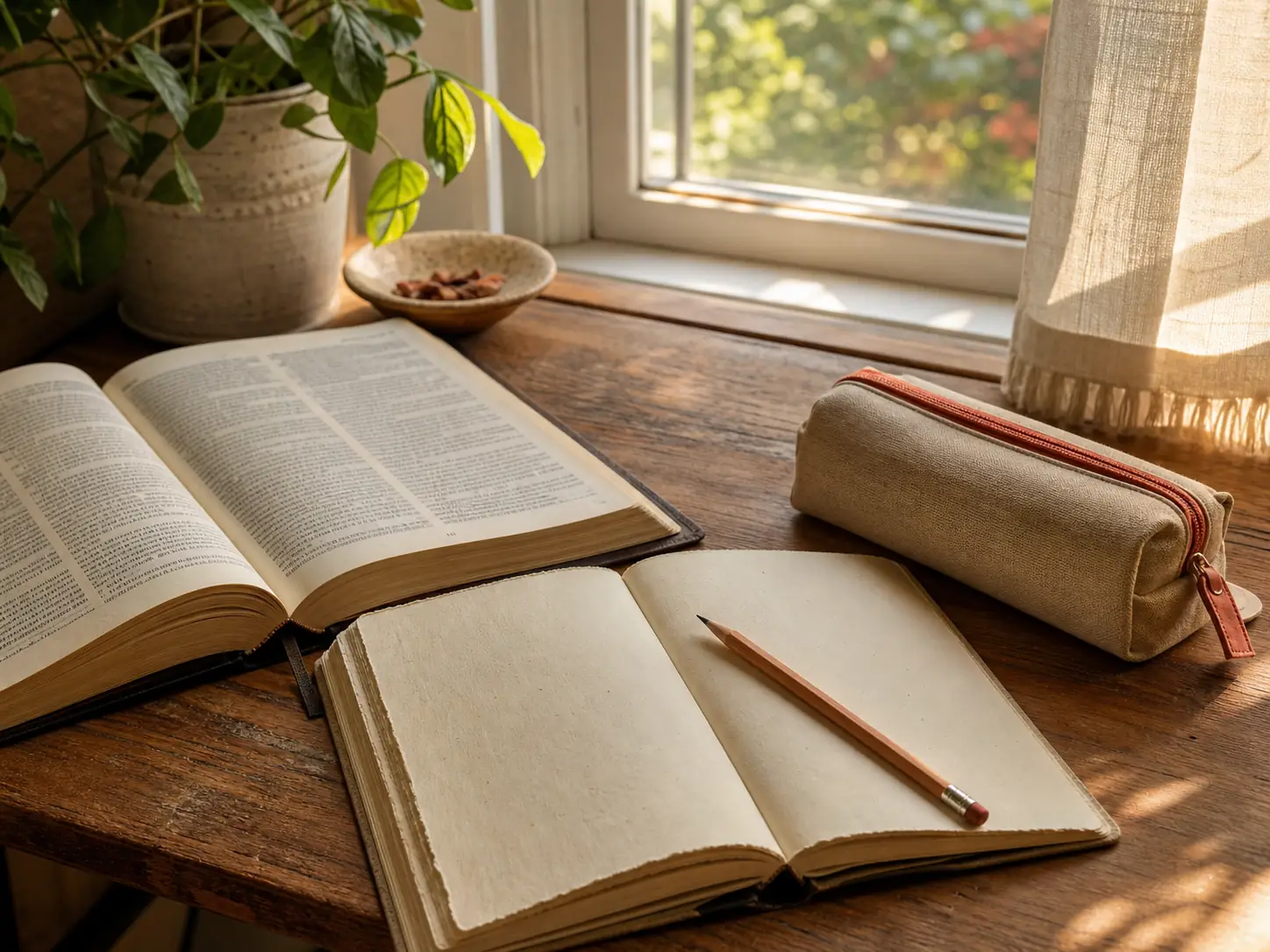 An open Bible and a handwritten journal beside a sunlit window