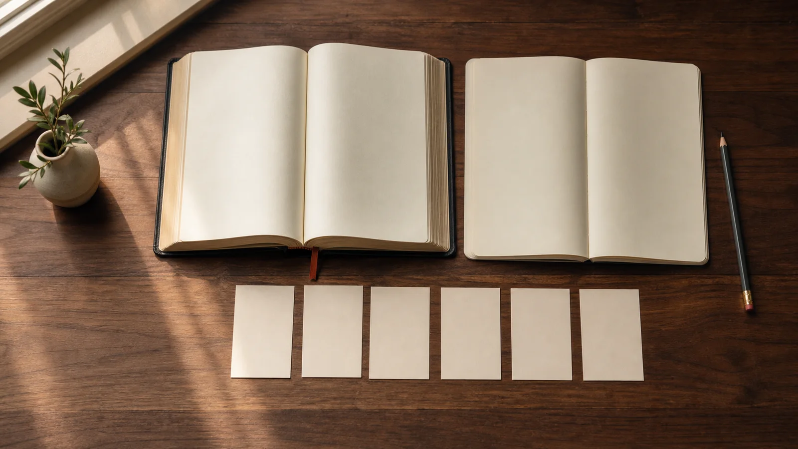 An open Bible, a notebook, and six simple study cards on a warm wooden table