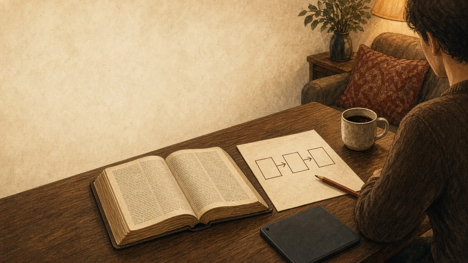 A living-room table with an open Bible, a paper sketch of a book outline, and a tablet lying face down