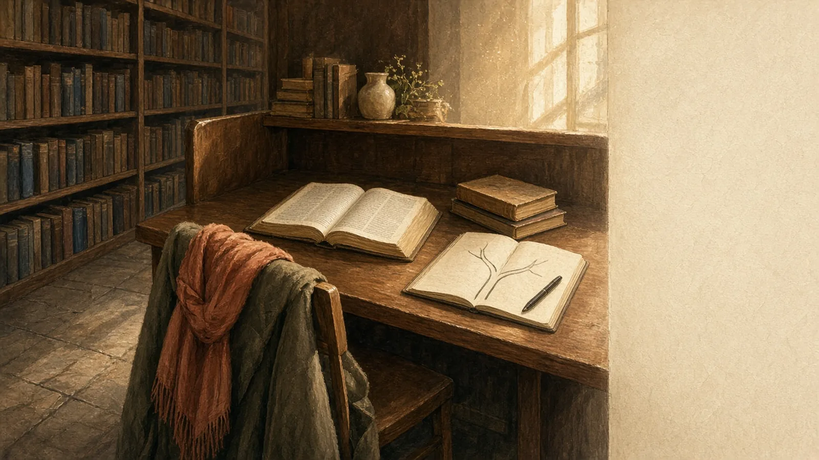 A quiet library carrel with an open Bible, a closed second book, and a notebook showing a simple three-path sketch