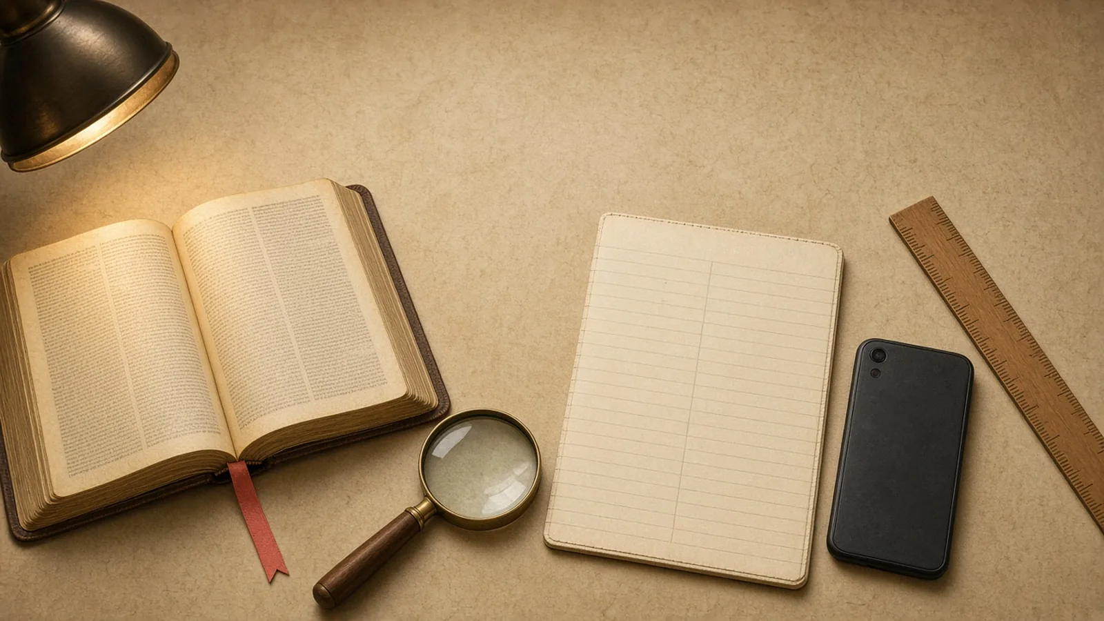 A top-down study desk with an open Bible, parallel notebook columns, a magnifying glass, and a phone lying face down
