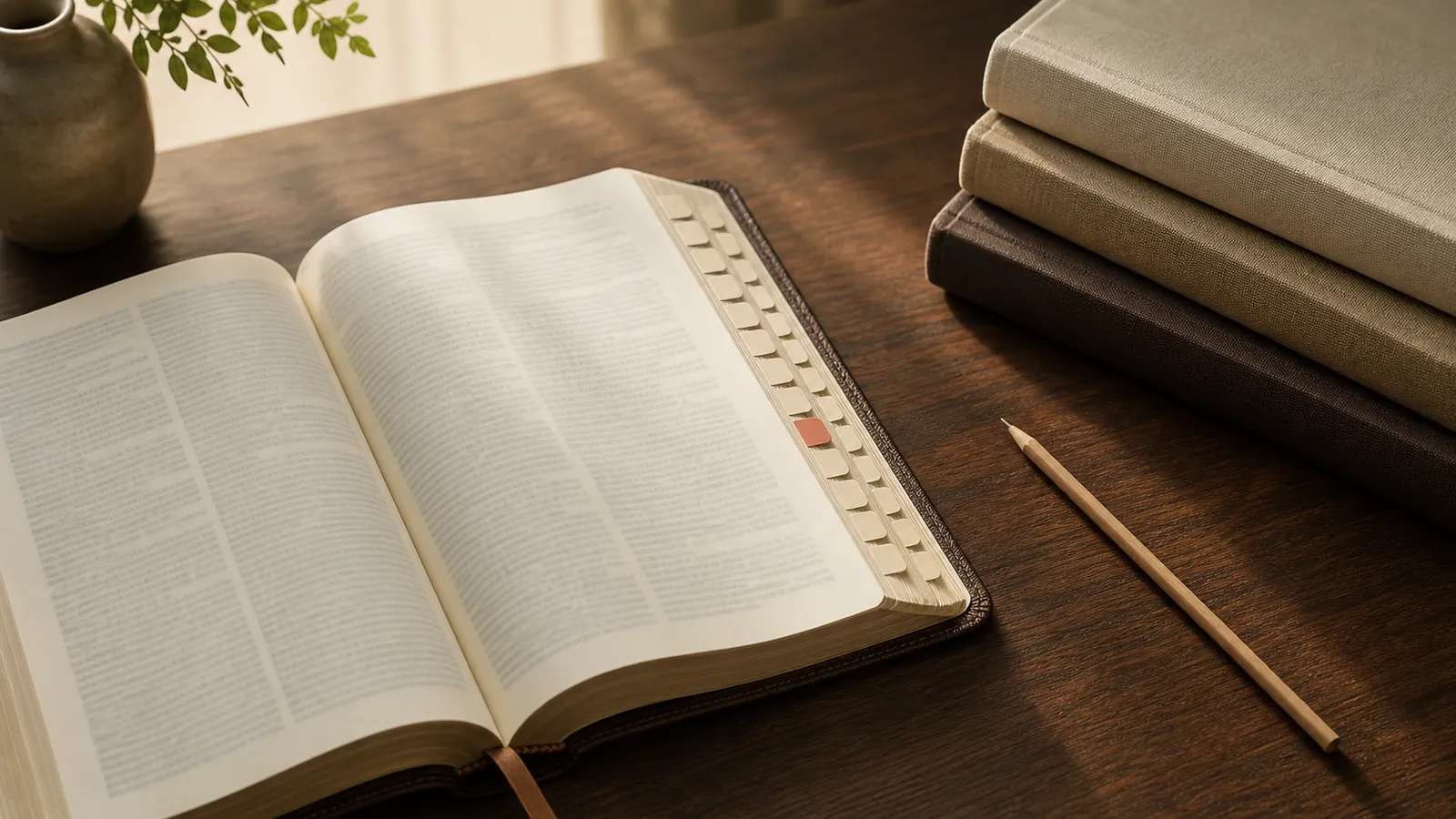 An open Bible with a simple row of book tabs on a warm wooden study table