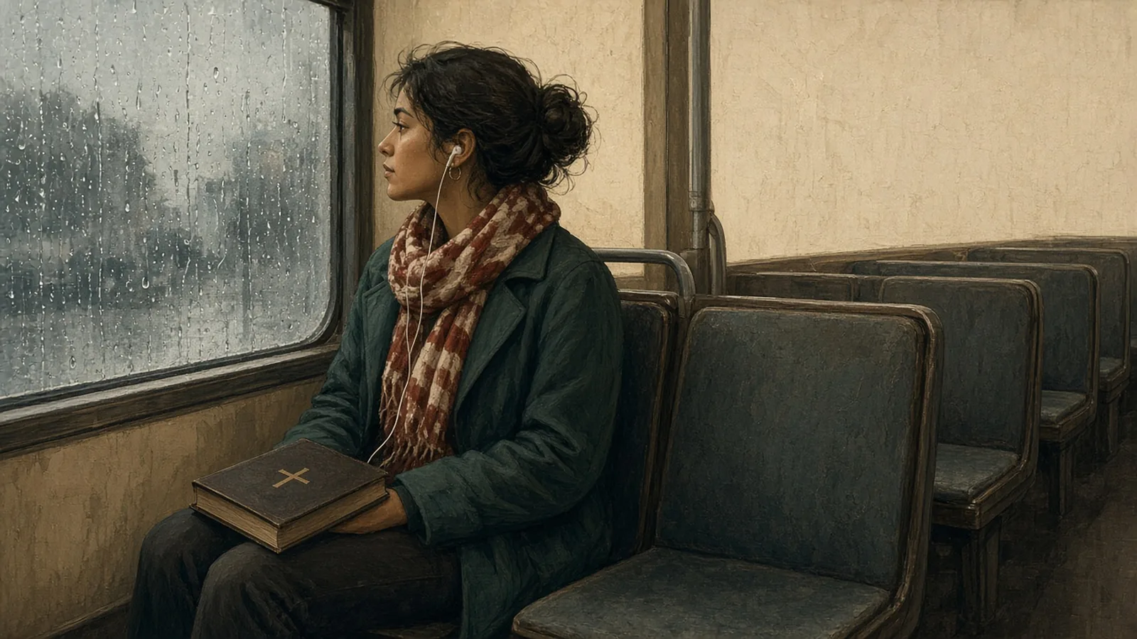 A commuter looking out a rain-specked window with earbuds in and a closed Bible resting on their lap