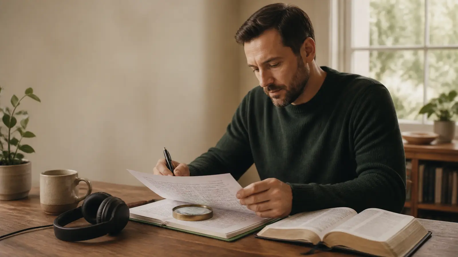 A man reviews a printed sermon transcript beside headphones, an open Bible, and a magnifying glass.