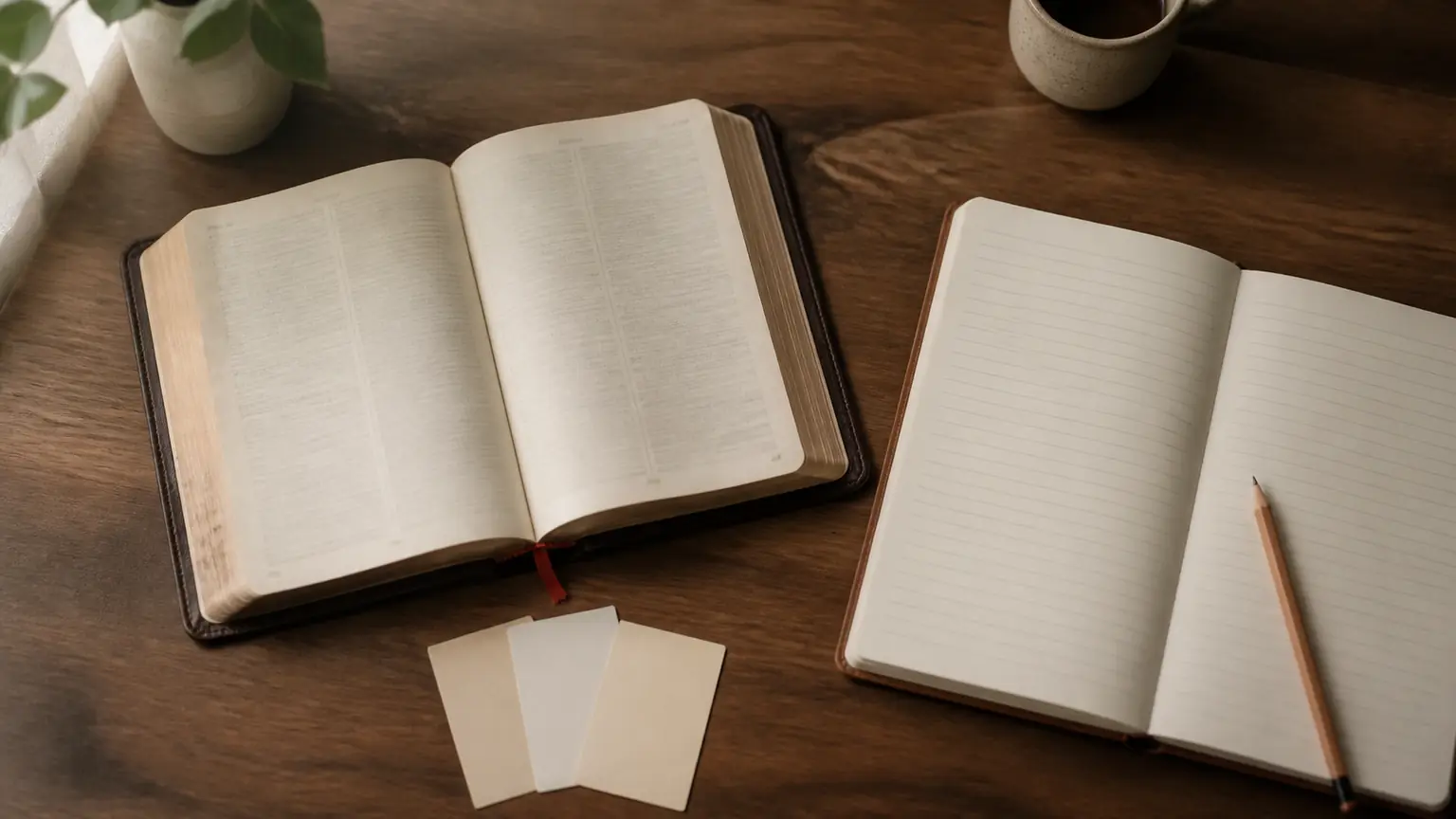 An open Bible, blank notebook, pencil, and small stack of note cards on a warm wooden desk