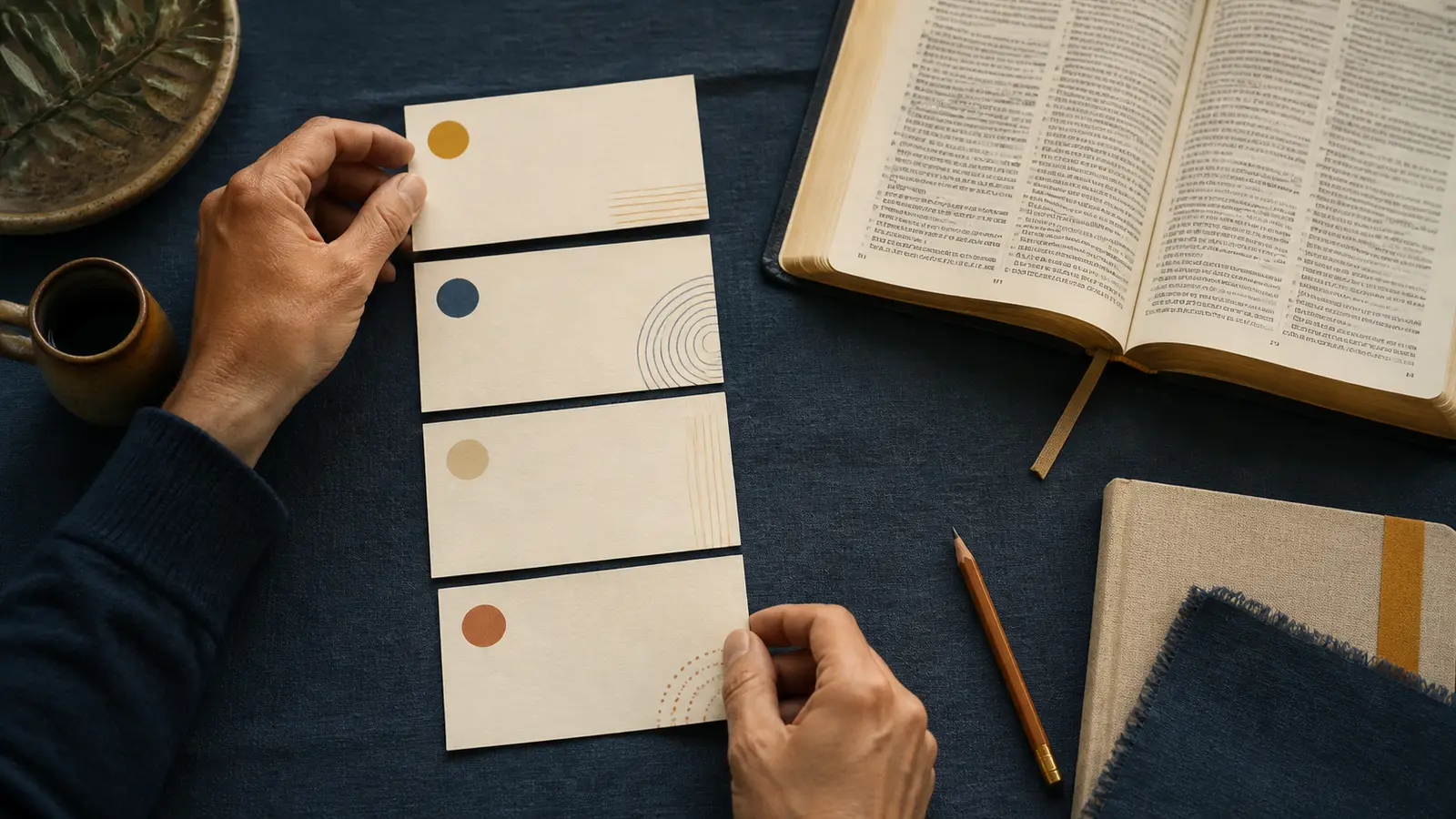 Hands arrange four blank question cards beside an open Bible on a dark blue cloth.
