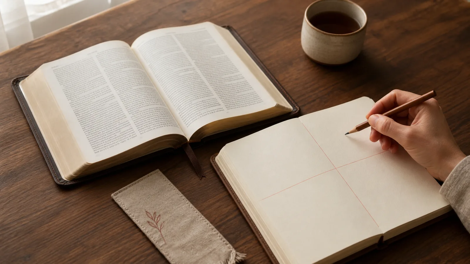 An open Bible beside a divided journal while a person prepares to write with a pencil