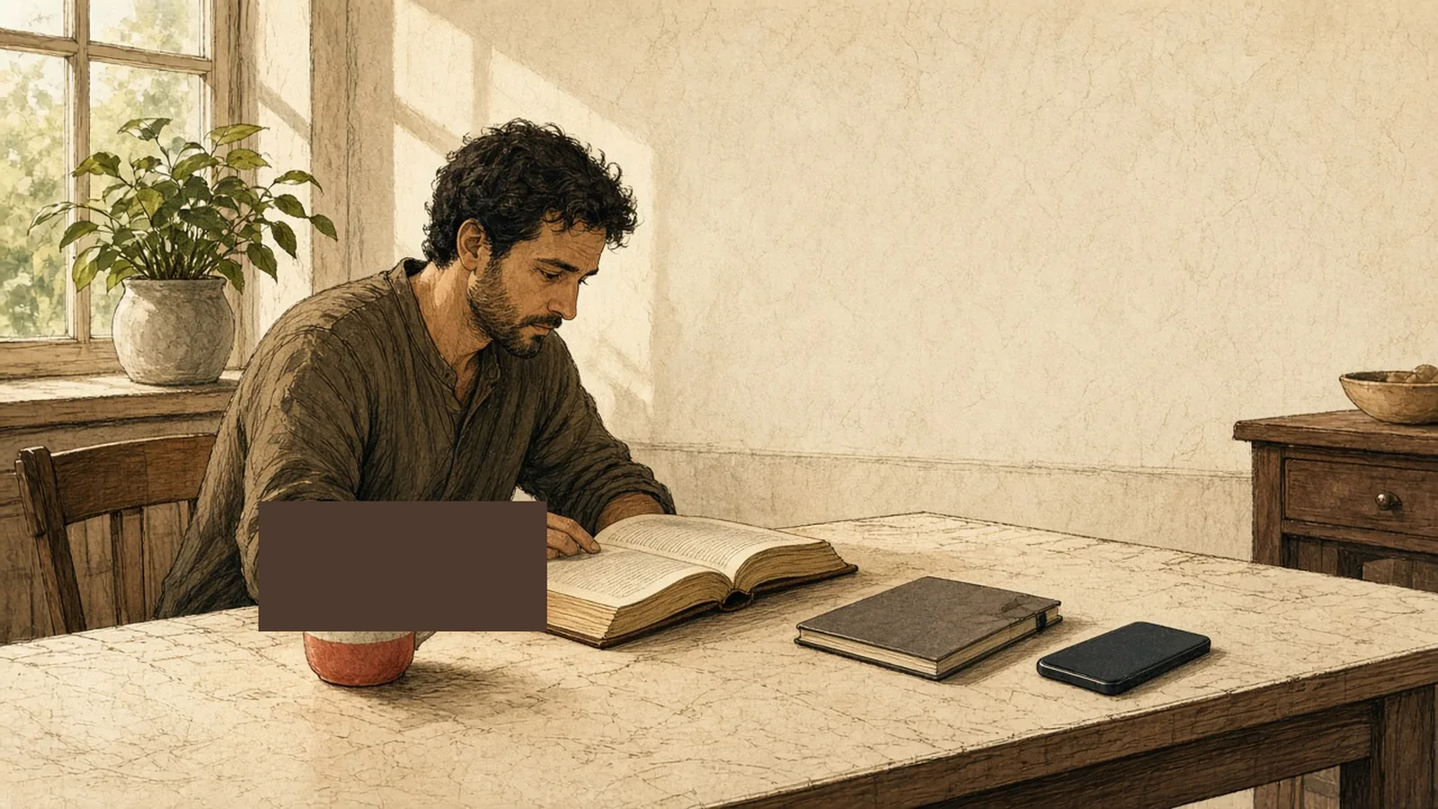 A quiet kitchen table with an open Bible, a closed notebook, and a phone lying face down in morning light
