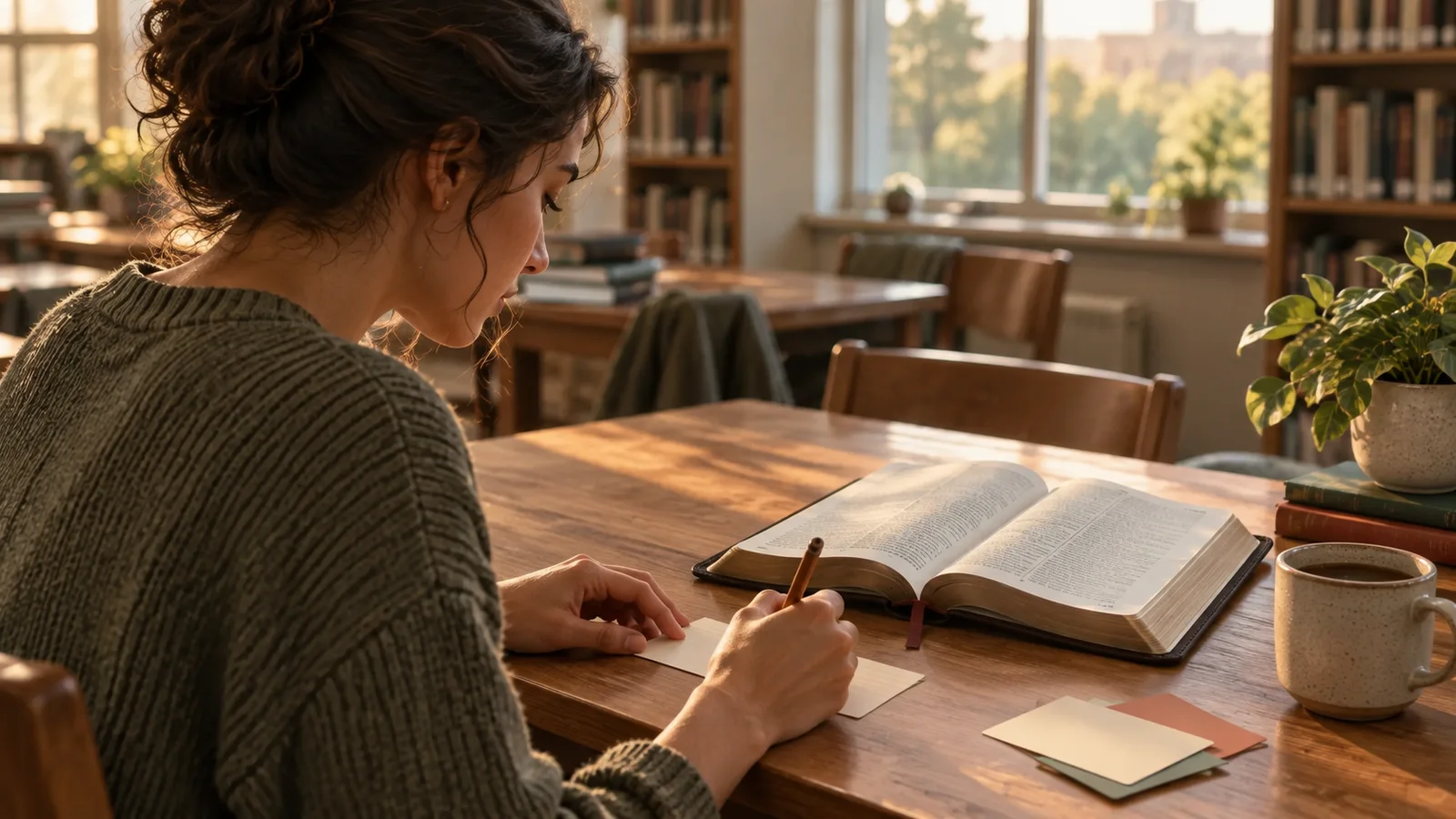 Bíblia aberta ao lado de um caderno com cartões em branco e um lápis sobre uma mesa de madeira
