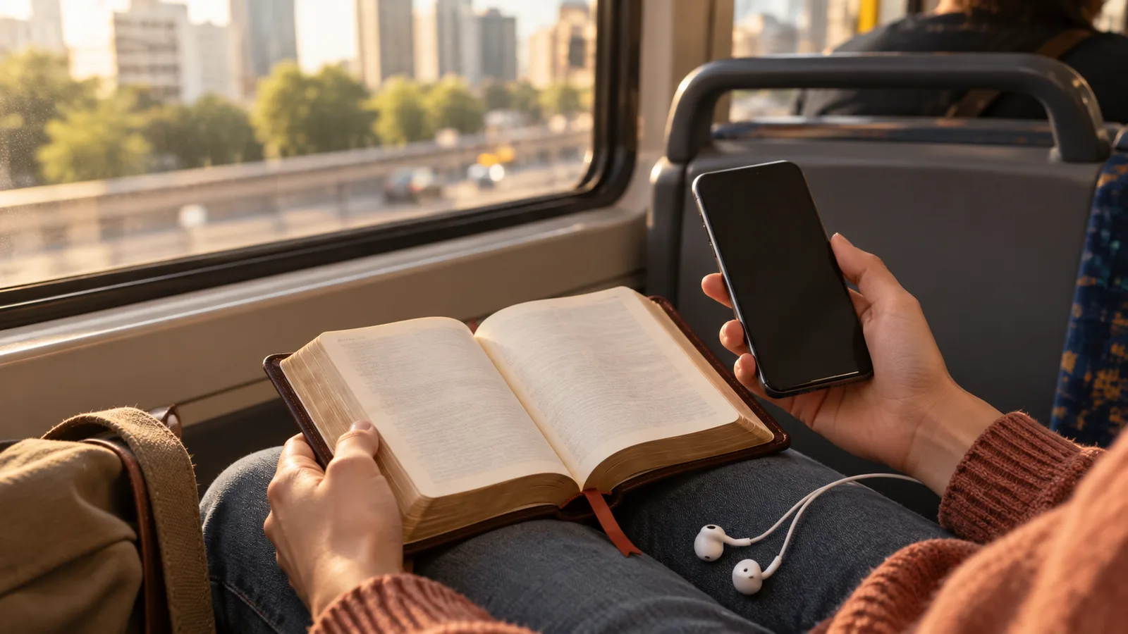 Pessoa segurando um celular com a tela escura sobre uma Bíblia aberta durante uma viagem de transporte público, com fones ao lado