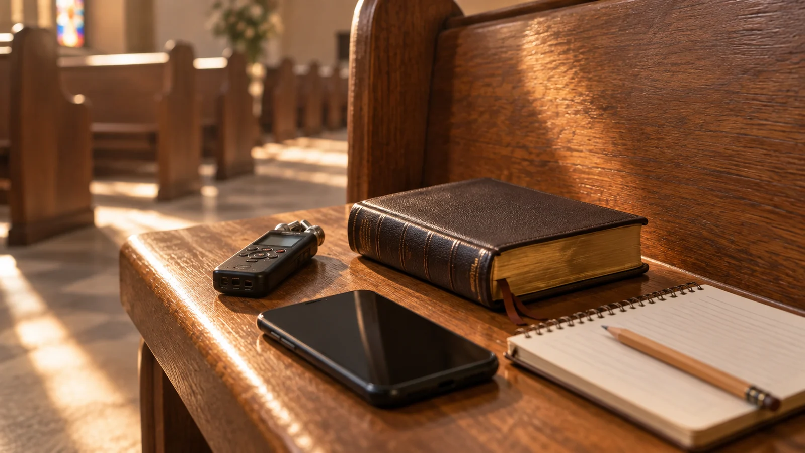 Uma Bíblia fechada, um gravador de áudio, um smartphone e um caderno em branco sobre um banco de igreja iluminado, sem pessoas